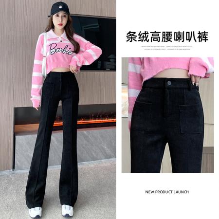 FA48136# 秋冬新款加绒加厚条绒微喇叭裤韩版高腰显瘦休闲长裤 服裝批發女裝批發服飾貨源