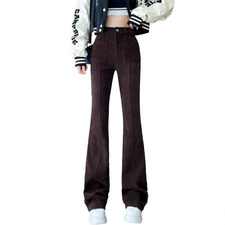 FA48136# 秋冬新款加绒加厚条绒微喇叭裤韩版高腰显瘦休闲长裤 服裝批發女裝批發服飾貨源