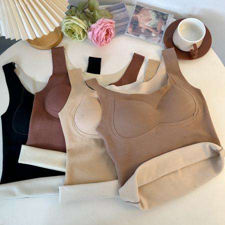 FA48144# 大码德绒带垫保暖内衣宽肩V领打底吊带背心长款带垫打底衫女 服裝批發女裝批發服飾貨源