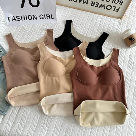 FA48144# 大码德绒带垫保暖内衣宽肩V领打底吊带背心长款带垫打底衫女 服裝批發女裝批發服飾貨源