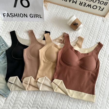 FA48144# 大码德绒带垫保暖内衣宽肩V领打底吊带背心长款带垫打底衫女 服裝批發女裝批發服飾貨源