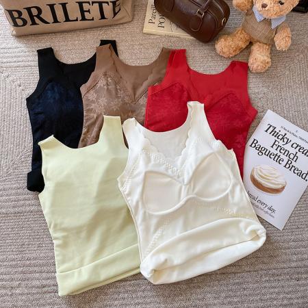 FA48145# 大码秋冬保暖背心螺纹绒蕾丝内衣速热暖绒长打底衫200斤可穿 服裝批發女裝批發服飾貨源