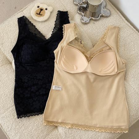 FA48147# 大码秋冬德绒蕾丝保暖美背速热免穿文胸塑形内衣打底背心内衣 服裝批發女裝批發服飾貨源