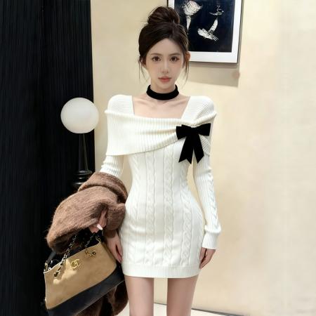 FA48157# 圣诞新年战袍红色毛衣女秋冬新款蝴蝶结针织连衣裙 服裝批發女裝批發服飾貨源