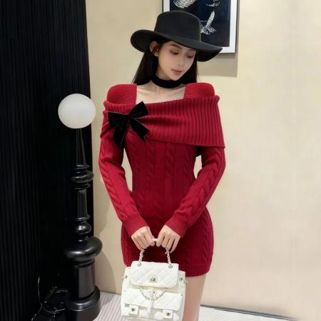 FA48157# 圣诞新年战袍红色毛衣女秋冬新款蝴蝶结针织连衣裙 服裝批發女裝批發服飾貨源
