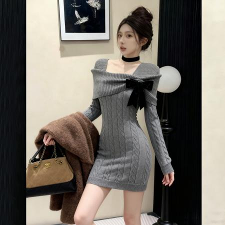 FA48157# 圣诞新年战袍红色毛衣女秋冬新款蝴蝶结针织连衣裙 服裝批發女裝批發服飾貨源