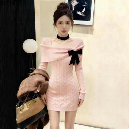 FA48157# 圣诞新年战袍红色毛衣女秋冬新款蝴蝶结针织连衣裙 服裝批發女裝批發服飾貨源