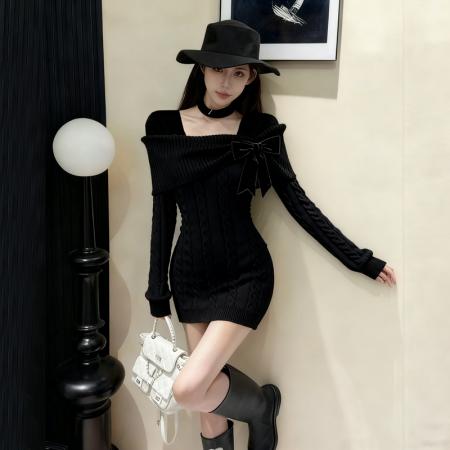 FA48157# 圣诞新年战袍红色毛衣女秋冬新款蝴蝶结针织连衣裙 服裝批發女裝批發服飾貨源