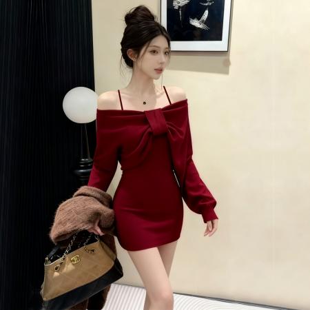 FA48159# 毛衣套装新款长袖针织上衣+吊带毛衣针织包臀连衣裙两件套 服裝批發女裝批發服飾貨源