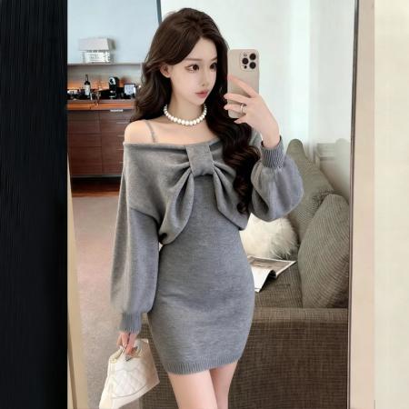 FA48159# 毛衣套装新款长袖针织上衣+吊带毛衣针织包臀连衣裙两件套 服裝批發女裝批發服飾貨源