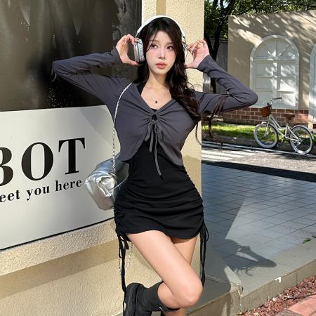 FA48160# 春秋新款休闲开衫外套+气质挂脖无袖背心连衣裙套装 服裝批發女裝批發服飾貨源