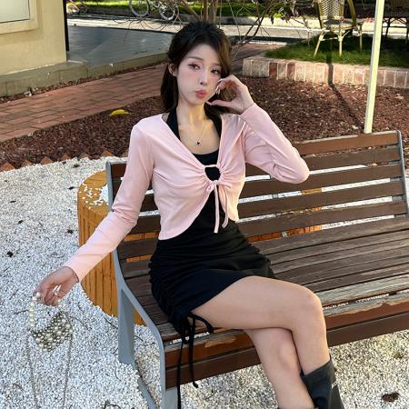 FA48160# 春秋新款休闲开衫外套+气质挂脖无袖背心连衣裙套装 服裝批發女裝批發服飾貨源