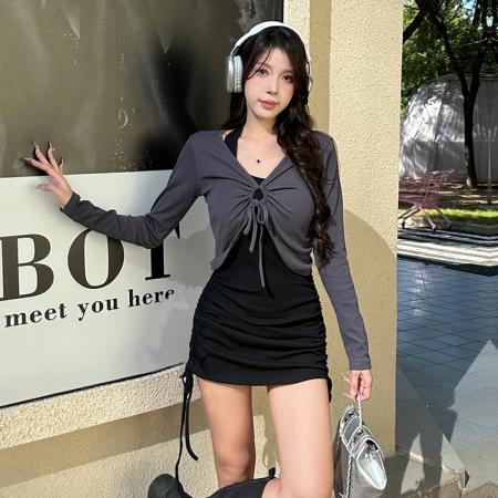 FA48160# 春秋新款休闲开衫外套+气质挂脖无袖背心连衣裙套装 服裝批發女裝批發服飾貨源