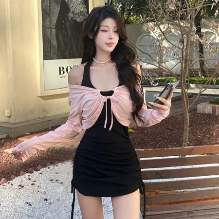 FA48160# 春秋新款休闲开衫外套+气质挂脖无袖背心连衣裙套装 服裝批發女裝批發服飾貨源