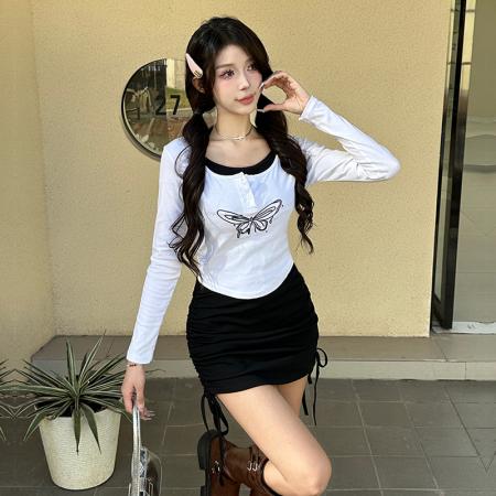 FA48161# 春秋新款长袖T恤上衣+性感挂脖无袖包臀连衣裙套装 服裝批發女裝批發服飾貨源