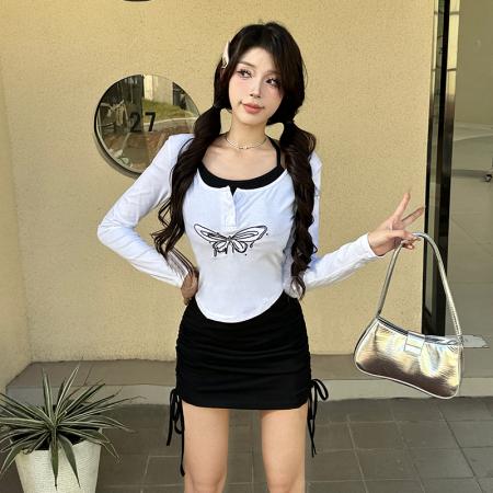 FA48161# 春秋新款长袖T恤上衣+性感挂脖无袖包臀连衣裙套装 服裝批發女裝批發服飾貨源