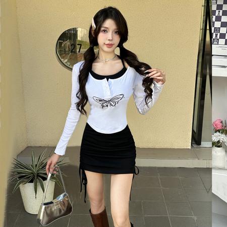 FA48161# 春秋新款长袖T恤上衣+性感挂脖无袖包臀连衣裙套装 服裝批發女裝批發服飾貨源