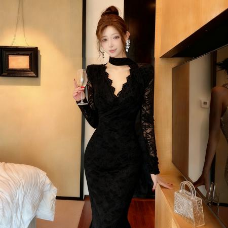 FA48162# 网红爆版长袖性感V领打底包臀内搭连衣裙配香nai儿胸针 服裝批發女裝批發服飾貨源