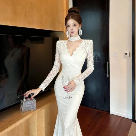 FA48162# 网红爆版长袖性感V领打底包臀内搭连衣裙配香nai儿胸针 服裝批發女裝批發服飾貨源