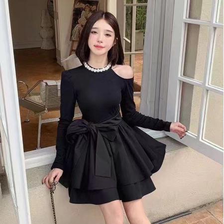 FA48164# 小黑裙 时尚长袖小礼服连衣裙 服裝批發女裝批發服飾貨源