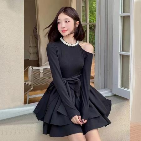 FA48164# 小黑裙 时尚长袖小礼服连衣裙 服裝批發女裝批發服飾貨源