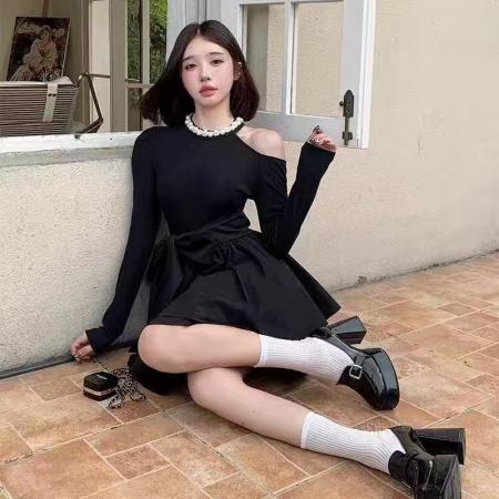 FA48164# 小黑裙 时尚长袖小礼服连衣裙 服裝批發女裝批發服飾貨源