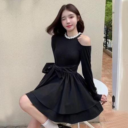 FA48164# 小黑裙 时尚长袖小礼服连衣裙 服裝批發女裝批發服飾貨源