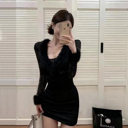 FA48165# 纯欲毛领蕾丝拼接长袖连衣裙女秋季修身显瘦百搭包臀短裙 服裝批發女裝批發服飾貨源