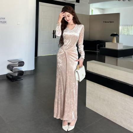 FA48168# 新款金丝绒长款裙子修身显瘦长袖秋冬打底连衣裙 服裝批發女裝批發服飾貨源