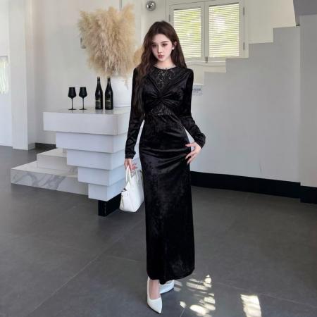 FA48168# 新款金丝绒长款裙子修身显瘦长袖秋冬打底连衣裙 服裝批發女裝批發服飾貨源