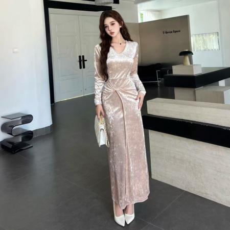 FA48168# 新款金丝绒长款裙子修身显瘦长袖秋冬打底连衣裙 服裝批發女裝批發服飾貨源