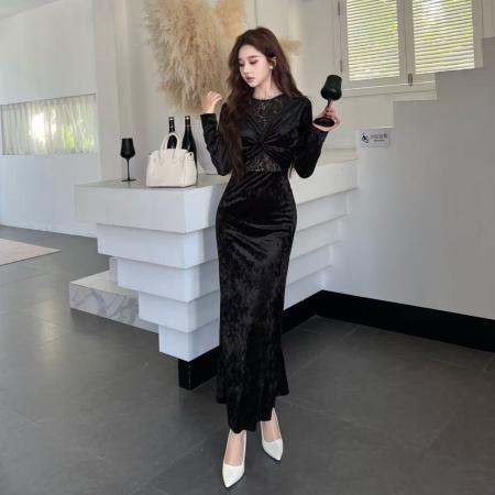 FA48168# 新款金丝绒长款裙子修身显瘦长袖秋冬打底连衣裙 服裝批發女裝批發服飾貨源