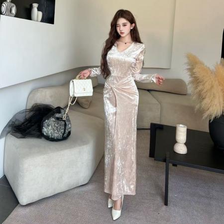 FA48168# 新款金丝绒长款裙子修身显瘦长袖秋冬打底连衣裙 服裝批發女裝批發服飾貨源