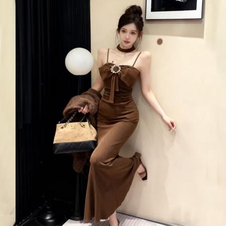 FA48169# 网红爆版羊绒面料纯欲风无袖性感吊带打底包臀中长款内搭连衣裙 服裝批發女裝批發服飾貨源