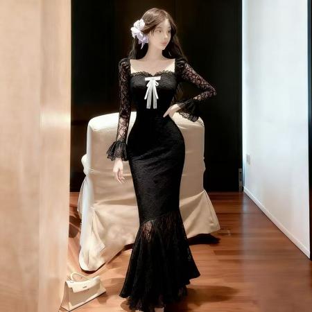 FA48171# 新款修身显瘦中长款包臀鱼尾裙蕾丝方领连衣裙 服裝批發女裝批發服飾貨源