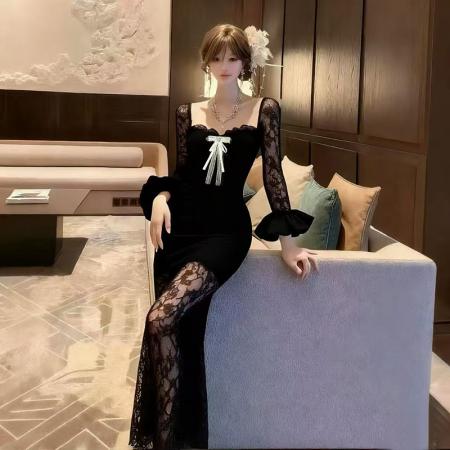 FA48171# 新款修身显瘦中长款包臀鱼尾裙蕾丝方领连衣裙 服裝批發女裝批發服飾貨源