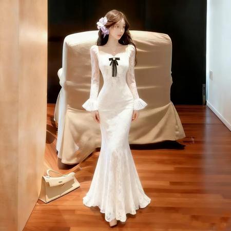 FA48171# 新款修身显瘦中长款包臀鱼尾裙蕾丝方领连衣裙 服裝批發女裝批發服飾貨源