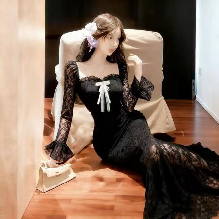 FA48171# 新款修身显瘦中长款包臀鱼尾裙蕾丝方领连衣裙 服裝批發女裝批發服飾貨源