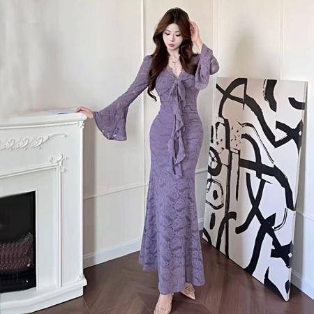 FA48172# 新款修身显瘦中长款包臀鱼尾裙蕾丝方领连衣裙 服裝批發女裝批發服飾貨源