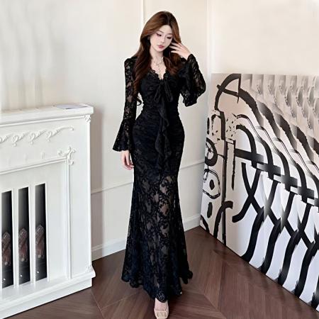 FA48172# 新款修身显瘦中长款包臀鱼尾裙蕾丝方领连衣裙 服裝批發女裝批發服飾貨源