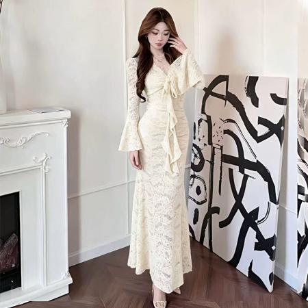 FA48172# 新款修身显瘦中长款包臀鱼尾裙蕾丝方领连衣裙 服裝批發女裝批發服飾貨源