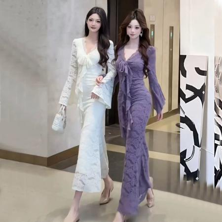 FA48172# 新款修身显瘦中长款包臀鱼尾裙蕾丝方领连衣裙 服裝批發女裝批發服飾貨源