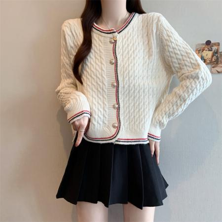 FA48174# 秋冬新款小香风圆领单排扣彩条拼接开衫毛衣女 服裝批發女裝批發服飾貨源