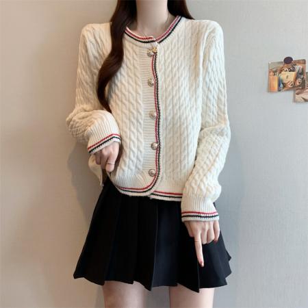 FA48174# 秋冬新款小香风圆领单排扣彩条拼接开衫毛衣女 服裝批發女裝批發服飾貨源