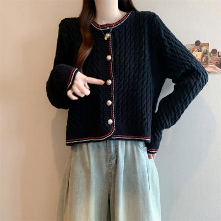 FA48174# 秋冬新款小香风圆领单排扣彩条拼接开衫毛衣女 服裝批發女裝批發服飾貨源