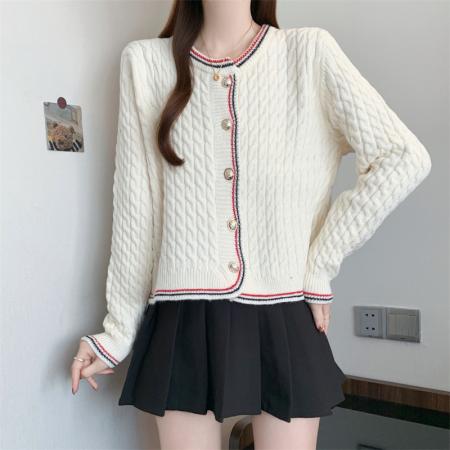 FA48174# 秋冬新款小香风圆领单排扣彩条拼接开衫毛衣女 服裝批發女裝批發服飾貨源