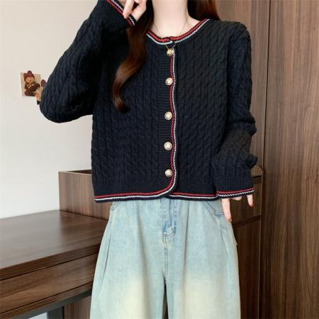 FA48174# 秋冬新款小香风圆领单排扣彩条拼接开衫毛衣女 服裝批發女裝批發服飾貨源