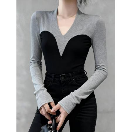 FA48175# 高端V领拼接撞色长袖女秋季修身显瘦弹力打底上衣 服裝批發女裝批發服飾貨源