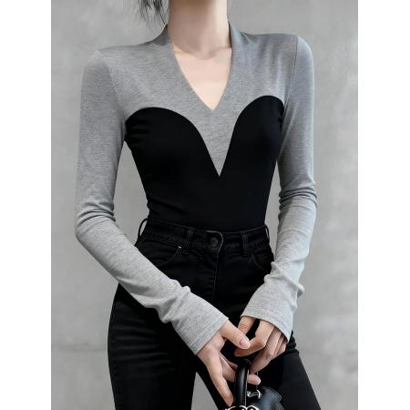 FA48175# 高端V领拼接撞色长袖女秋季修身显瘦弹力打底上衣 服裝批發女裝批發服飾貨源