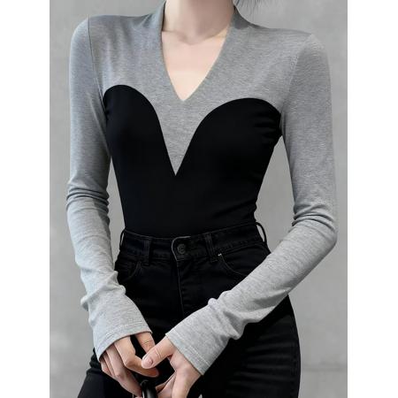 FA48175# 高端V领拼接撞色长袖女秋季修身显瘦弹力打底上衣 服裝批發女裝批發服飾貨源